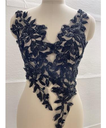 Beaded Flower Patches Sequin Applique lace Fabric Trim Motif Sewing Bridal Wedding Vintage 3D for Wedding Dress DIY Clothing Flower Applique (Black)  17 * 5.5