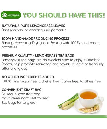 Lavendium Premium 55 Lemongrass Tea Bags 100% Natural & Pure Lemongrass leaves Eco-Conscious Tea Bags Lemongrass Herbal Tea. Lemongrass Leaf Tea. No Sugar No Caffeine No Gluten Vegan. - Buy Online on GoSupps.com