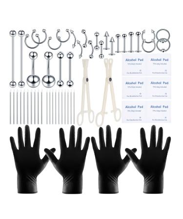 58PCS Body Piercing Kit Surgical Steel 14G 16G BCR CBR Labret Lip Rings Cartilage Daith Earrings Belly Button Rings Nose Septum Piercing Jewelry Needles Gloves Clamps Tools Silver