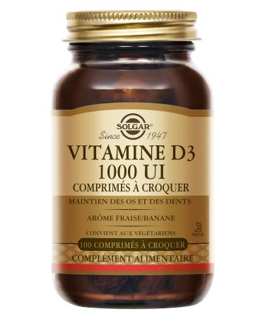 Solgar Vitamin D3 1000 IU chewable - Natural defenses - Immunity - Bone health - Strawberry/banana taste - Food supplement - Bottle of 100 chewable tablets