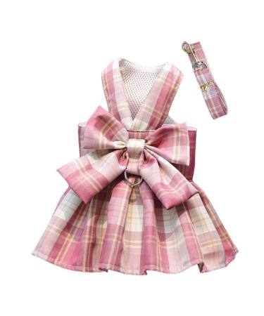 MYKOMI Pet Cat Dog Harness Cute Checkered Bowknot Mesh Breathable Vest For Small Dogs Cats Costume Torso Harness Stylish Ribbon Walking Harness & Leash Set (XS 1-3lb Pink) XS 1-3lb Pink