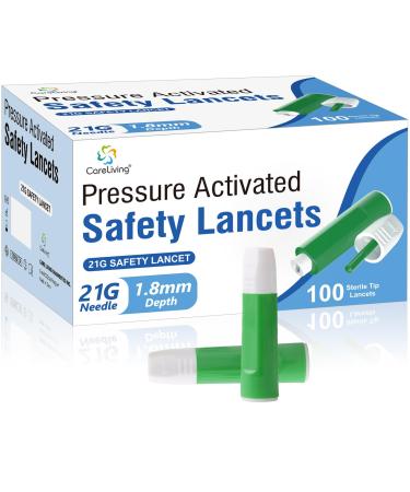 Safety Lancets Sterile Pressure Activated Activation 21 Gauge Needle 1.8 mm 100 Count Single-Use Gentle for Comfortable Testing