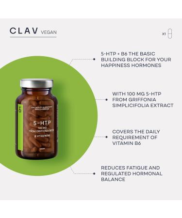 CLAV 5-HTP 100mg + Vitamin B6 - Vegan Mood & Sleep Support Capsules - 120 Count - 4-Month Supply - Made in Germany - Buy Online on GoSupps.com
