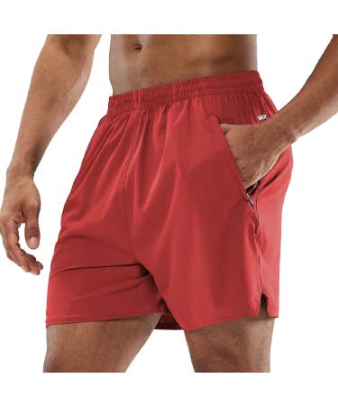 MIER Men's Workout Running Shorts Lightweight Active 5 Inches Shorts with Pockets, Quick Dry, Breathable Red With Zipper Large