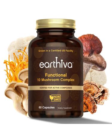 Earthiva Mushroom Complex Supplement | 60 Capsules | 10-in-1 Blend | with Lion s Mane Chaga Turkey Tail Cordyceps Maitake Shiitake Reishi & More | Grown in a Certified US Facility