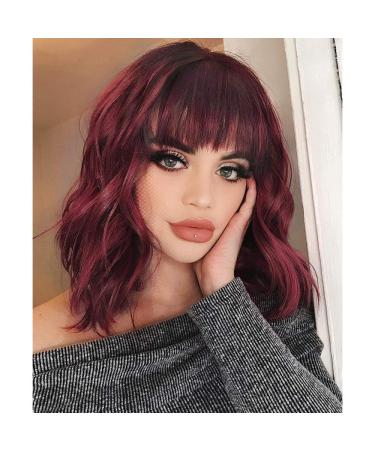 AISI HAIR Synthetic Curly Bob Wig with Bangs Short Bob Wavy Hair Wigs Wine Red Color Wigs for Women Bob Style Synthetic Heat Resistant Bob Wigs
