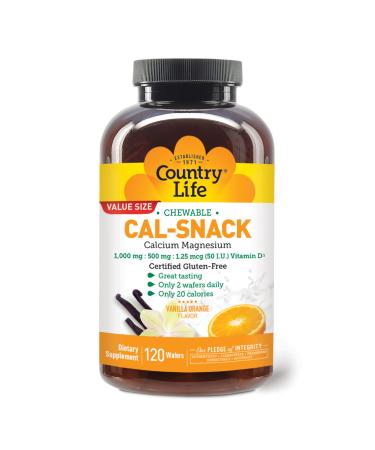 Country Life Cal-Snack  Chewable Calcium  Magnesium with Vitamin D  1000mg/500mg/50 IU  Dairy-Free  Vanilla Orange Flavor  120 Wafers  Certified Gluten Free  Certified Vegan 120 Count (Pack of 1) - Buy Online on GoSupps.com