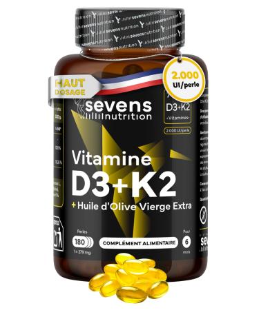 Vitamine D3 K2 MK7 - Vitamin D3 2000UI - Vitamine K2 MK7 100 g - Avec de l'Huile d Olive Vierge - 180 Softgels Sans Gluten - Hautement Dos Haute Biodisponibilit - Os Muscles Syst me Immunitaire