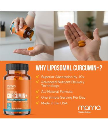 Manna Vitamins Evolved Liposomal Curcumin+ Softgels for Advanced Absorption Best Turmeric Supplement for Daily Joint & Immune Health Support - Non-GMO 500mg Curcuminoids (60ct) - Buy Online on GoSupps.com