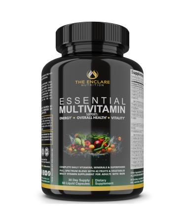 Essential Multivitamin for Women & Men Complete Daily Multi Vitamin with Vitamin D C B12 & B Vitamins + Minerals Folic Acid Iron Zinc 42 Fruit & Vegetable Superfood Blend 60 Liquid Capsules
