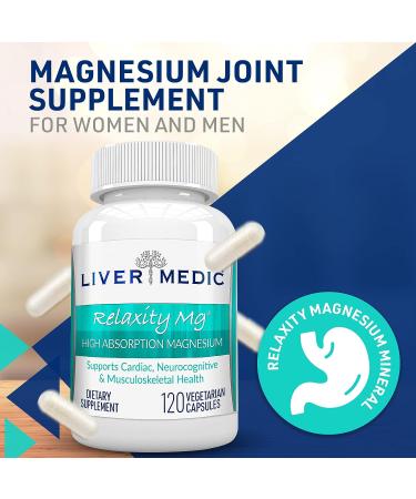 Relaxity Mg Magnesium Supplement - 120 Vegetarian Capsules for Joint Support, Heart, Nerve, Muscle - Non-GMO, Magnesium Glycinate Pills - Liver Medic - Buy Online on GoSupps.com