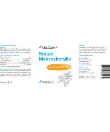 Effective Nature Sango Sea Corals + Vitamin D3 & K2 - Vegan Calcium & Magnesium Supplement - 120 Capsules for Optimal Bone Health & pH Balance - Buy Online on GoSupps.com