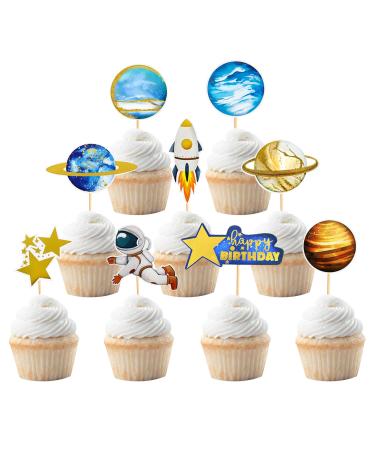 NICENEEDED 36 Pcs Space Astronaut Cupcake Toppers Rocket Planet Trip to the Moon Cupcake Picks Out of Space Food Picks with Sticks Outer Space Themed Party Cake Decorations Supplies