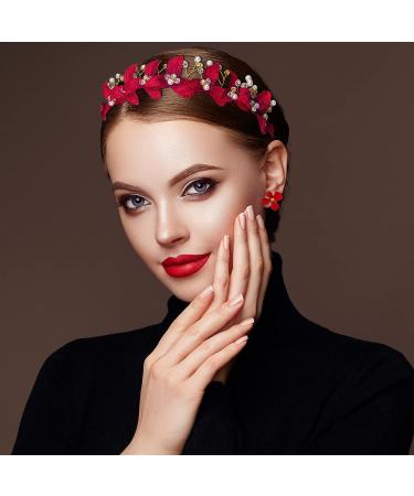 ANCIRS Red Flower Crown Bridal Headband & Crystal Floral Ear Stud Set for Women - Wedding & Special Occasion Hair Accessories - Buy Online on GoSupps.com