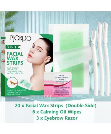 Pjordo Facial Wax Strips - 40 Pcs Face Hair Removal Kit for Women | Gentle At-Home Waxing | Includes Calming Oil Wipes & Eyebrow Razors - Buy Online on GoSupps.com