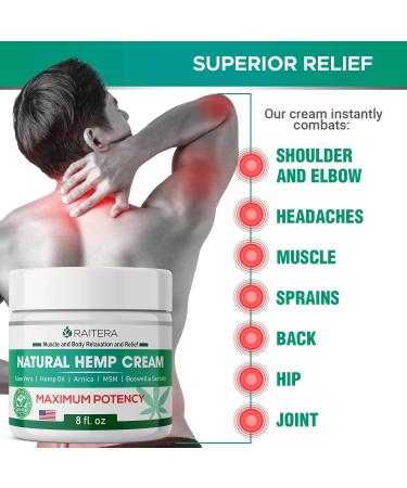 Raitera Hemp Cream 8 oz - Pure Hemp Oil Extract with Emu, MSM & Arnica - Natural Max Strength Balm for Back, Joint, Muscle & Neuropathy Relief - Premium Formula - Buy Online on GoSupps.com