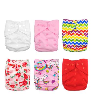 Babygoal Cloth Diaper Cover for Girls,Baby Adjustable Reusable Covers for Fitted Diapers and Prefolds, 6pcs Baby Clothes Covers+One Wet Bag 6DCF01 Girl Color 01