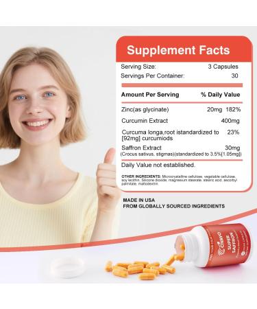 Super Saffron Supplements for a Happy Mind & Body - with Pure Optimized Organic Saffron Extract 30mg, Curcumin & Zinc - Vegan Non-GMO Pills Support Focus, Mood, Eye Health for Women & Men 90 Capsules - Buy Online on GoSupps.com