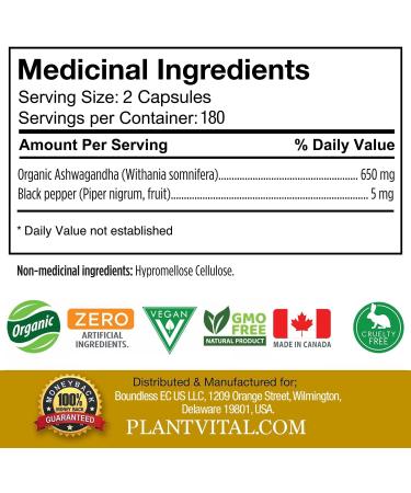 PlantVital Organic Ashwagandha Supplement with Black Pepper - 1300mg (two caps) Ashwagandha Capsules for Stress Relief Energy Increase Sleep Aid & Memory Support - 360 Vegan Ashwagandha Supplements 3 Bottles (6 Months Supply) - Buy Online on GoSupps.com