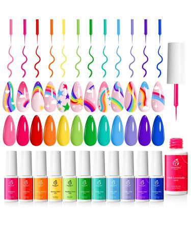 beetles Gel Polish Rainbow Nail Art Gel Liner Set 12 Colours Rainbow Neon Gel Polish Swirl Nails Built Thin Nail Art Brush in Bottle Soak Off Uv Gel Kit Paint Manicure Design Gift for Girls-CL234