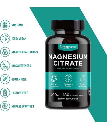 Magnesium Citrate 400mg Capsules - 180 Count | Non-GMO Natural Sleep & Relax Supplement | Made in USA - Buy Online on GoSupps.com