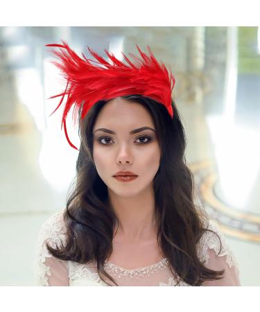 Feather Fascinator Headband Tea Party Headwear 1920s Headbands Flapper Headpieces 1920s for Women (Red) 1 Red - Buy Online on GoSupps.com