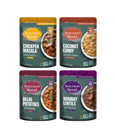 Saffron Road Meal Pouch Variety Pack - Bombay Lentils, Delhi Potatoes, Chickpea Masala, Coconut Curry (4 total packs, 10 oz Each) (4 Flavor Variety Pack, 4 Pack) 4 Flavor Variety Pack 4 Pack