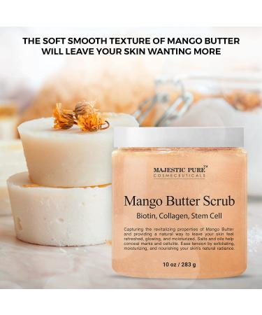 Majestic Pure Mango Butter Body Scrub - Exfoliating Salt Scrub with Biotin, Collagen & Stem Cell - 10 oz Natural Skin Care for Smooth, Moisturized Skin - Buy Online on GoSupps.com