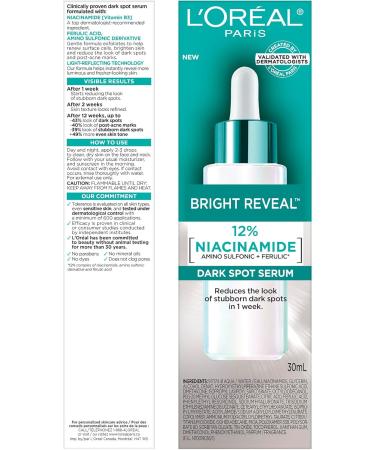 L'Or al Paris Bright Reveal Dark Spot Face Serum with 12% Niacinamide + Ferulic + Amino Sulfonic Acids Reduces the Look of Stubborn Dark Spots For All Skin Tones Skincare 30mL - Buy Online on GoSupps.com