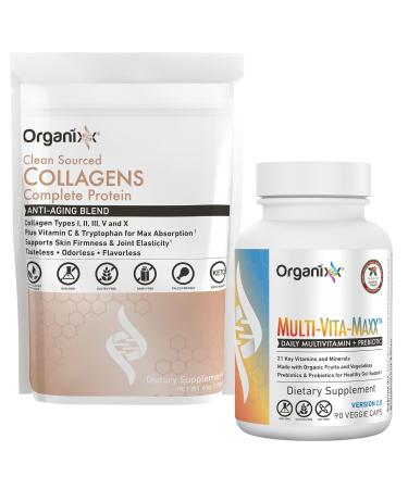 Organixx Clean Sourced Collagens (20 Serv) & Multi-Vita-Maxx (90 Caps) Bundle Protein w/Vitamin C & Zinc Plus USDA Organic Whole Food Multivitamin Supports Hair Joints & Daily Energy Gluten Free