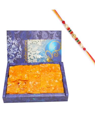 Ghasitaram Gifts Rakhi Gifts for Brothers Rakhi Sweets - Mango Ice Halwa (800 GMS) with Beads Rakhi
