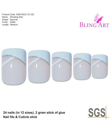 Bling Art False Nails - French Manicure White Glitter | 24 Medium Tips with Glitter Stars | International Shipping - Buy Online on GoSupps.com