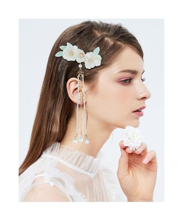 White Vintage Flower Pearl Barrette Earring Tassel Hair Pin Set - 3 Pairs | Kawaii Kimono Floral Hair Accessories for Women - Buy Online on GoSupps.com