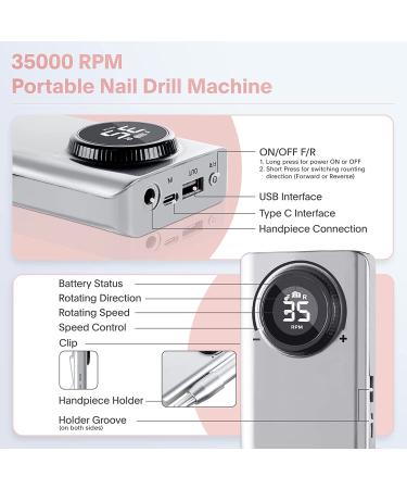 Portable Rechargeable 35000RPM Electric Nail Drill for Acrylic Gel Nails - Professional Manicure Pedicure Tool for Home and Salon Use (Silver) - Buy Online on GoSupps.com