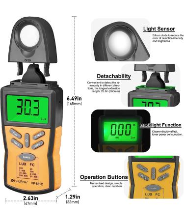 HOLDPEAK 881C Digital LUX Meter | Measure Range 0.1-200,000 Lux | 0.01-20,000 FC Light Meter with Peak Hold | Lux/FC Unit | Data Hold | LCD Display Backlight - Ideal for Plants and LED Lights - Buy Online on GoSupps.com