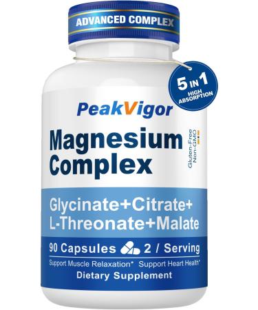 5 in 1 Magnesium Complex, 976mg Complex with Magnesium Glycinate, Citrate, Malate & L-Threonate, Vitamin B6 for High Absorption, Third Party Tested, Gluten-Free, Easy-Swallow Vegan Capsule 5 IN 1 Magnesium Complex 90 Count