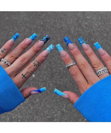 Ezpieces Fake Nails Long with Glue  Press on Nails Extra Long Coffin Nails  French Acrylic Nails Artificial French Tip for Women/Daily/Party  24PCS/Set(Blue Lover)