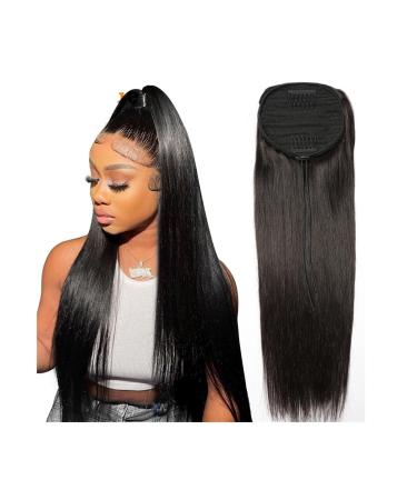 Braid Hair Extension Long Straight Ponytail Extension Real Human Hair Drawstring Ponytail Hairpiece Natural Color Remy Hair Clip in Straight Pony Tail Hairpiece Braid Ponytail Extension (Color : Na 24inches Natural Color
