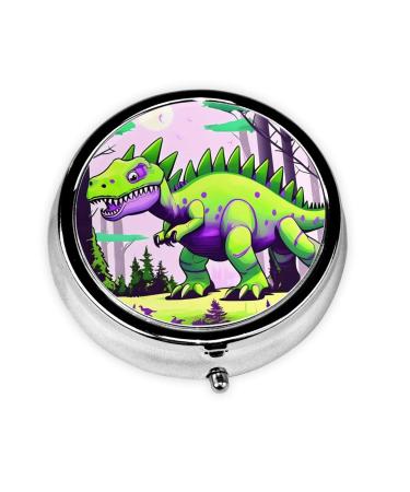 Green Dinosaurround Pill Box 3 Compartment Round Pill Box Organizer * Portable Travel Pill Box for Traveling.