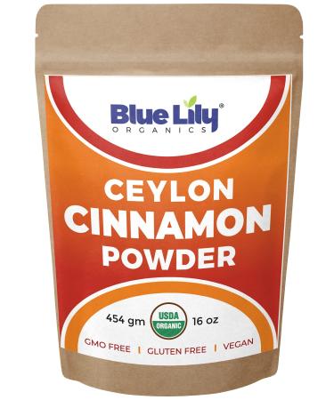 Blue Lily Organics Ceylon Cinnamon Powder, USDA Certified Organic, 100% Raw, Delicious, Aromatic Ground Cinnamon, Perfect for Baking, Cooking & Smoothies, Antioxidant, Weight Management, 1 Lb Bag