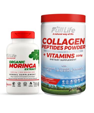 Full Life Collagen Peptides Powder and Moringa Oleifera Capsules - Dietary Supplements - Bovine Collagen for Women and Men Gluten-Free - Veggie Capsules