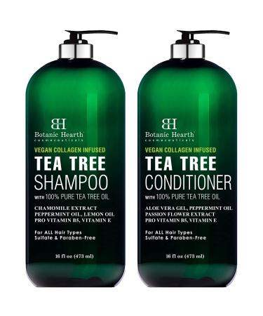 Botanic Hearth Tea Tree Shampoo and Conditioner Set with Vegan Collagen & 100% Pure Tea Tree Oil, for Itchy and Dry Scalp, Sulfate Free, Paraben Free - Men and Women - 16 fl oz each