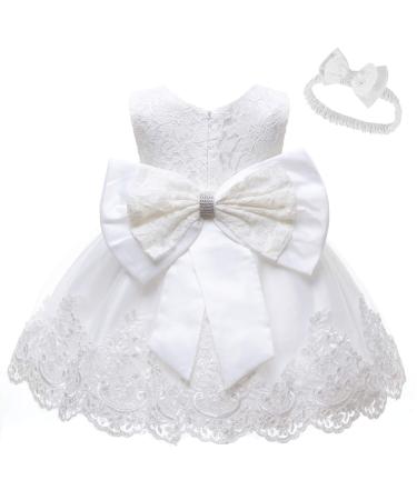 LZH Baby Girls Lace Dress Bowknot Flower Dresses Wedding Pageant Baptism Christening Tutu Gown 0-24 Months 0-3 Months White