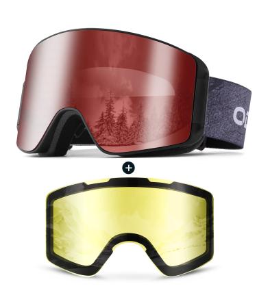 Odoland Ski Goggles with Detachable Lens, Frameless Interchangeable Lens Anti-Fog 100% UV Protection Snowboard Snow Goggles Black Frame Blaze Lens Vlt 25%