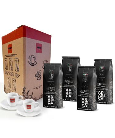 Aiello Cafe Aiello Special Box 4 x 250 g Soft Pack 100% Arabic Medium Roast in a Protective Atmosphere with Freshness Protection Valve + Pairs of Cups with Saucers Made of