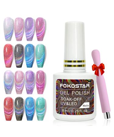 Universal Rainbow Cat Eye Gel Nail Polish Magnetic Holographic 9D Reflective Glitter Cateye Design Nails Art Polish Holo Iridescent Sparkle Flash Effect with Magnet Stick
