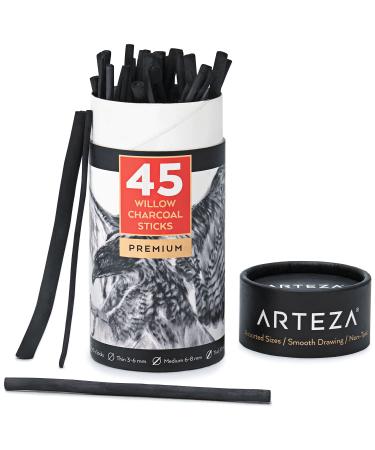 ARTEZA Willow Charcoal Sticks  Set of 45  Assorted Sketching Charcoal   Thin 3-6 mm  Medium 6-8 mm  and Thick 10 mm  Art Supplies for Professionals  Students  and Hobbyists - Buy Online on GoSupps.com