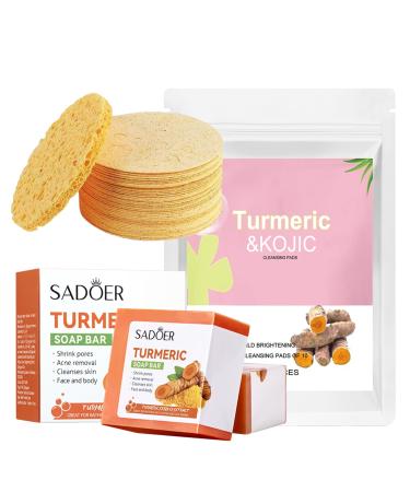 Turmeric Soap Bar for Face & Body & Turmeric Cleansing Pads Turmeric Body Soap with 20Pcs Facial Sponges Natural Handmade Soap with Soap Bag for Women & Men Smoother skin Turmeric Soap Bar with 20pcs Facial Sponges