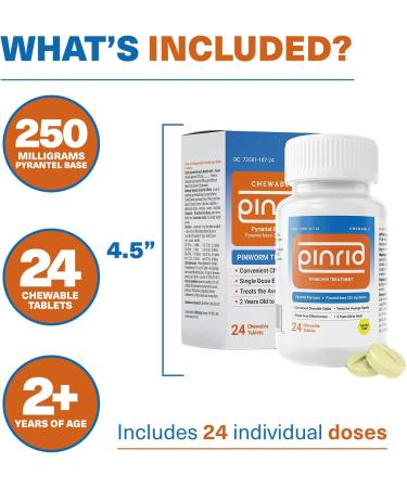 Piny-Rid Pills for Pinworms | Pyrantel Pamoate 250 mg | Made in USA | Family Size Dewormer for Pinworm, Hookworm & Whipworm | Fast Acting Chewable Tablets - 24 Count - Buy Online on GoSupps.com