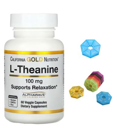 L-Theanine Compatible With California Gold Nutrition Featuring AlphaWave 100 mg 60 Capsules + Bonus Pill Organizer Weekly Pill Organizer Mini